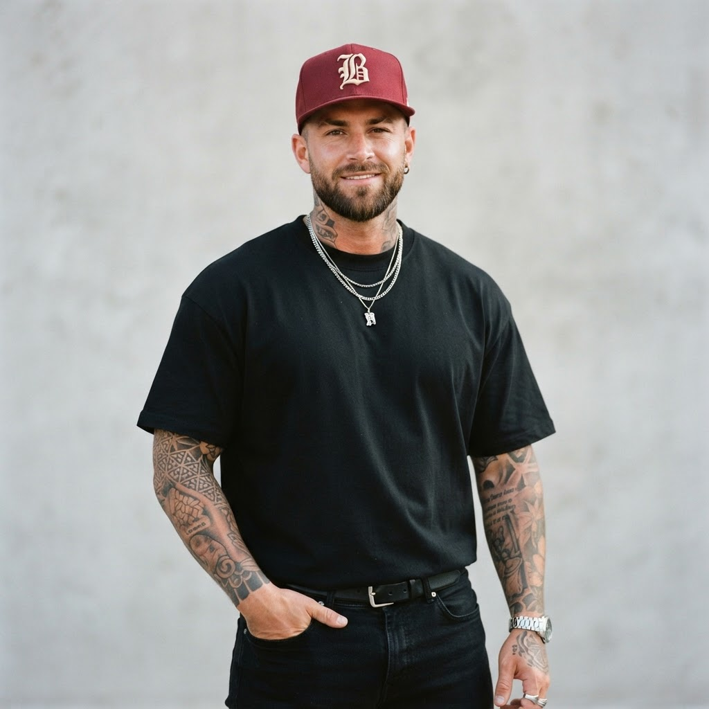 Homem tatuado usando boné BLCK vermelho